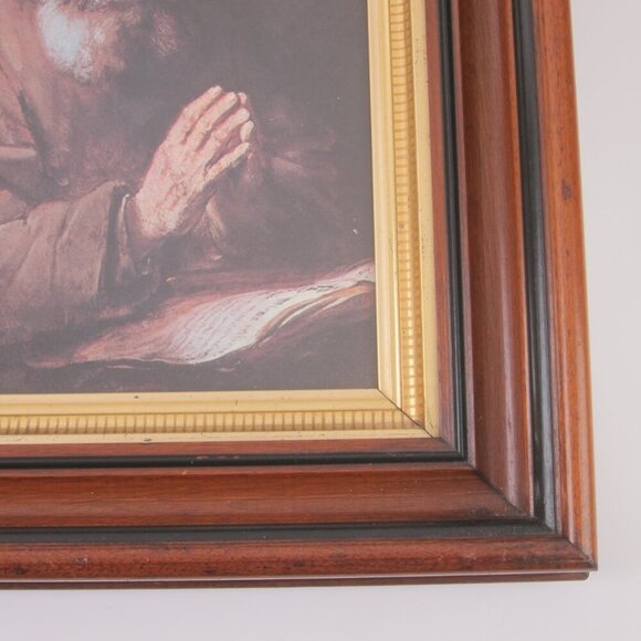 Antique Victorian Deep Picture Frame Walnut Wood Gold Gilt Old Man Praying Print - Picture 5 of 12